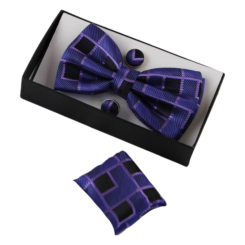 Mens Purple Rectilinear Matching Bow Tie, Pocket Square & Cuff Links Set