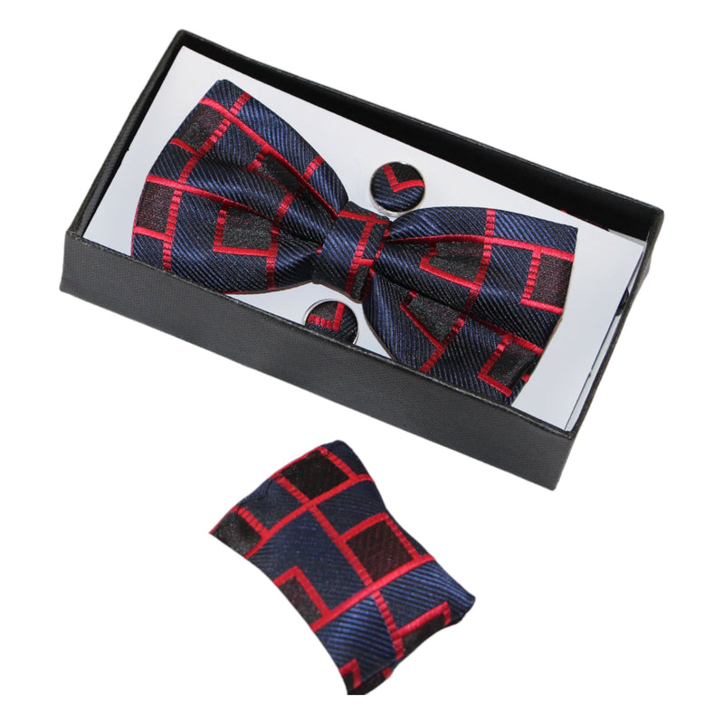 Mens Navy & Dark Red Maze Matching Bow Tie, Pocket Square & Cuff Links Set