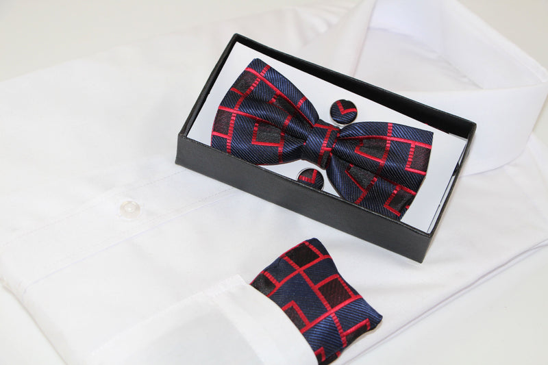 Mens Navy & Dark Red Maze Matching Bow Tie, Pocket Square & Cuff Links Set