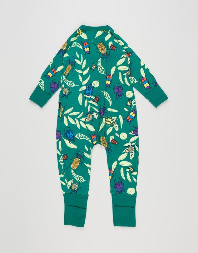 2 x Bonds Baby 2-Way Zip Wondersuit Coverall Green With Beetles