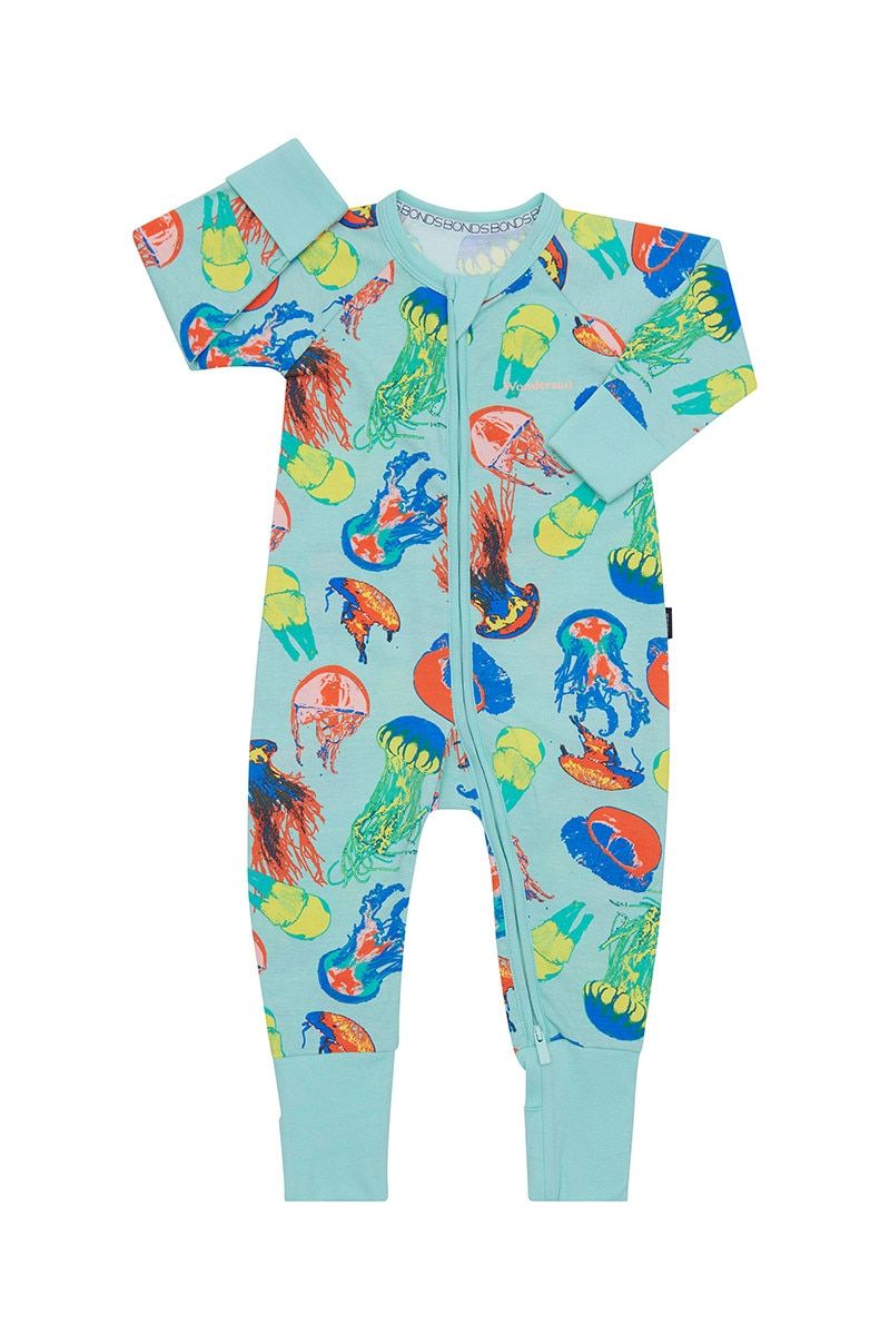 3 x Bonds Baby 2-Way Zip Wondersuit Coverall Jellyfish Frenzy Mint