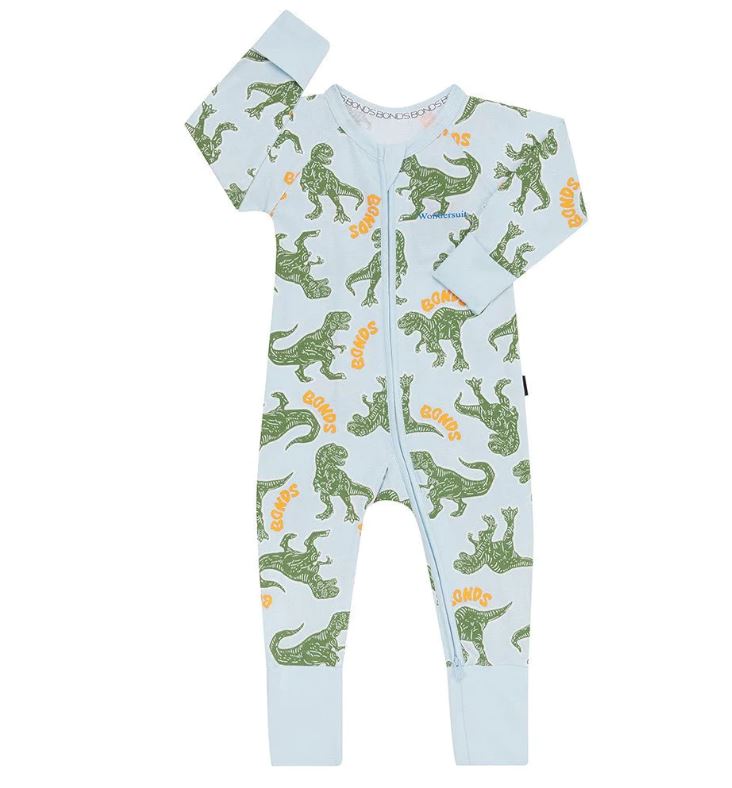 Bonds Baby 2-Way Zip Wondersuit Coverall Little Blue With T-Rex