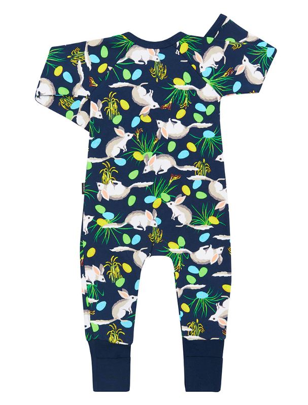 3 x Bonds Wondersuit Baby 2-Way Zip Coverall Navy With Rabbit