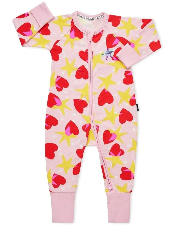 3 x Bonds Baby 2-Way Zip Wondersuit Coverall Pink Love Star