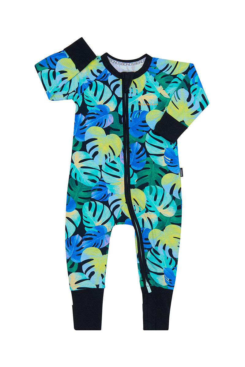 Bonds Baby 2-Way Zip Wondersuit Coverall Black With Multicoloured Leaves