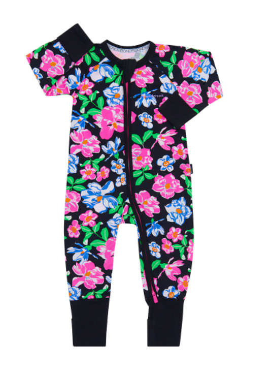 Bonds Baby 2-Way Zip Wondersuit Coverall Black With Pink & Blue Floral