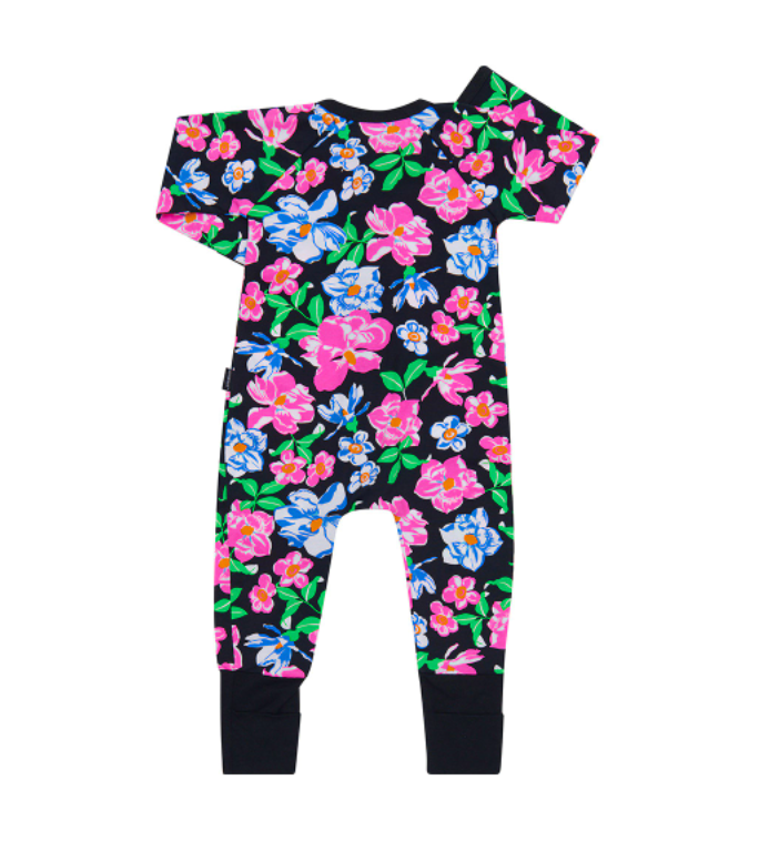 Bonds Baby 2-Way Zip Wondersuit Coverall Black With Pink & Blue Floral