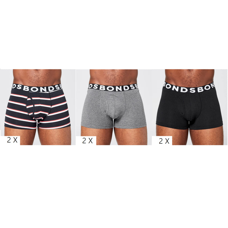 6 x Bonds Mens Everyday Trunks - Black / Grey / Black Striped Assorted