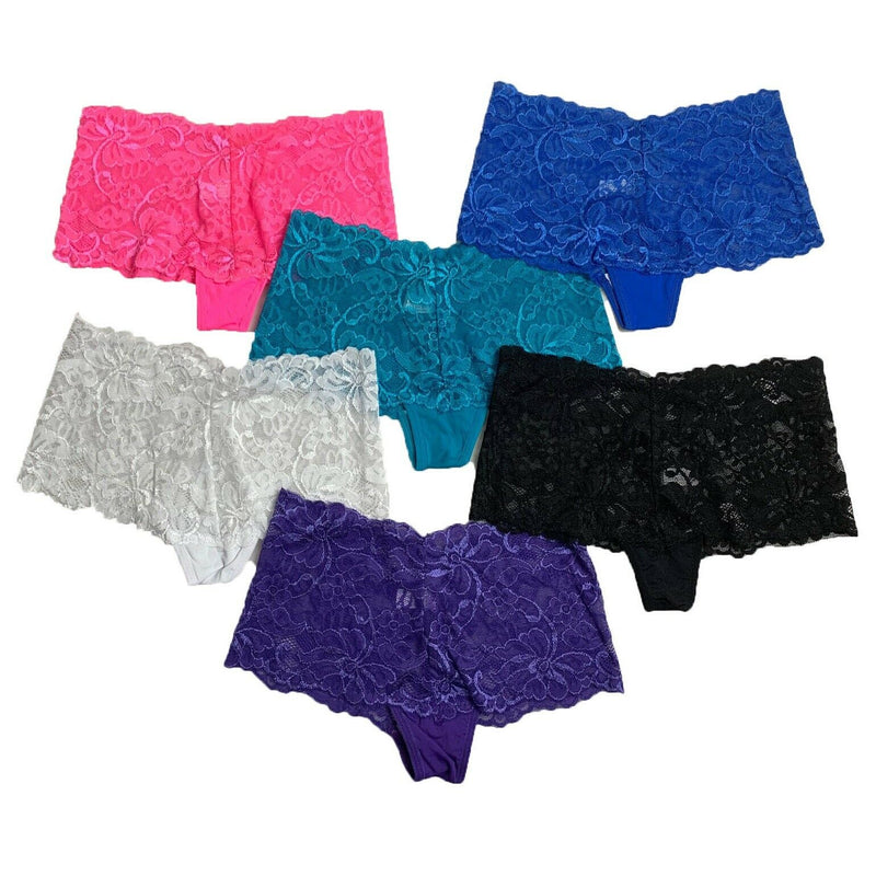 6 x Womens Lace Boy Shorts - Underwear Sexy Cotton Assorted Shortie Undies