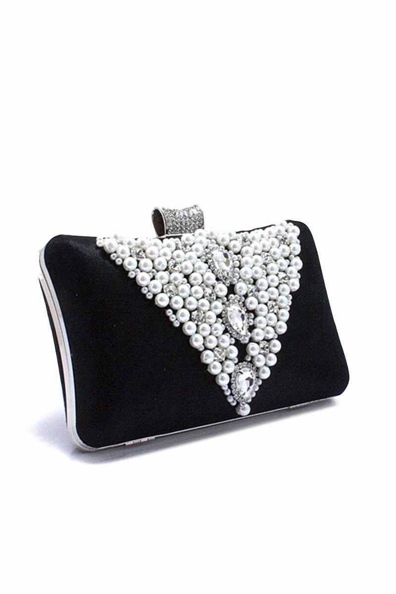 Womens Bridal Black Clutch Hand Bag Pearl Diamante Wedding