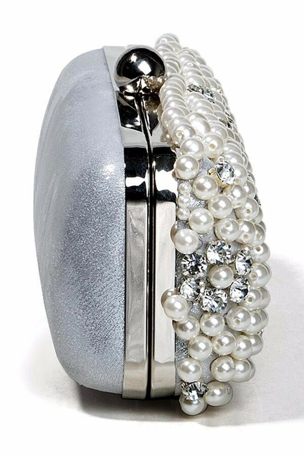 Womens Silver Clutch Hand Bag Pearls Diamante Wedding Bridal