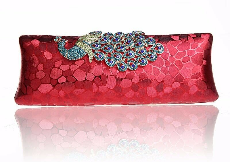Womens Hard Case Clutch Bag Wedding Party Work Peacock Red