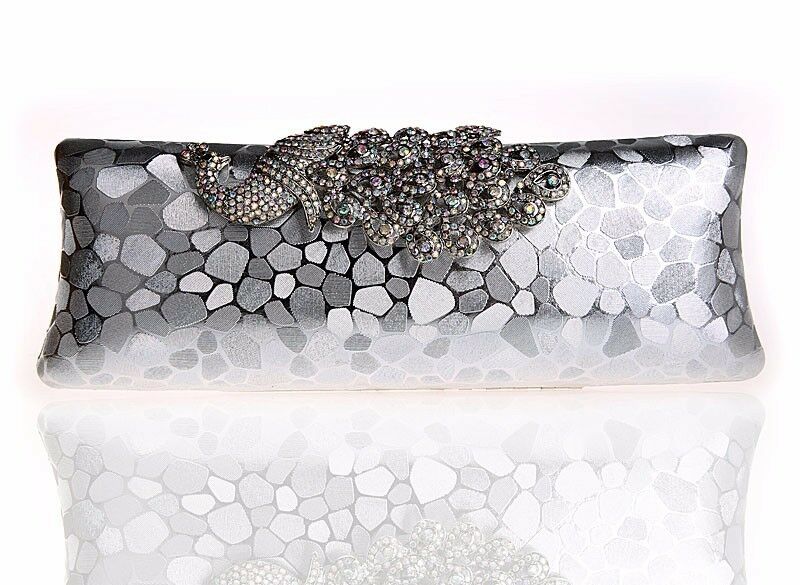 Womens Hard Case Clutch Bag Wedding Party Work Peacock Silver