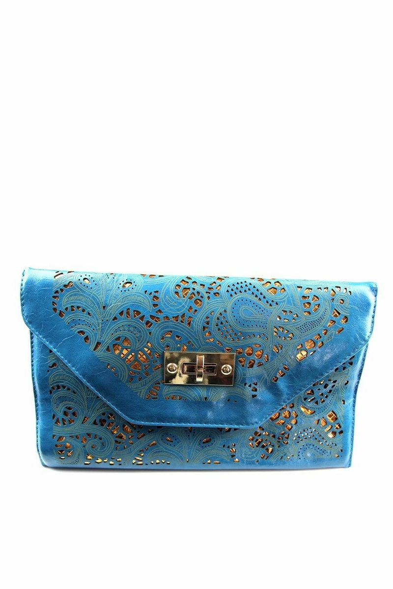 Womens Cut Out Rectangle Envelope Clutch Blue/Gold Wedding Party Bag