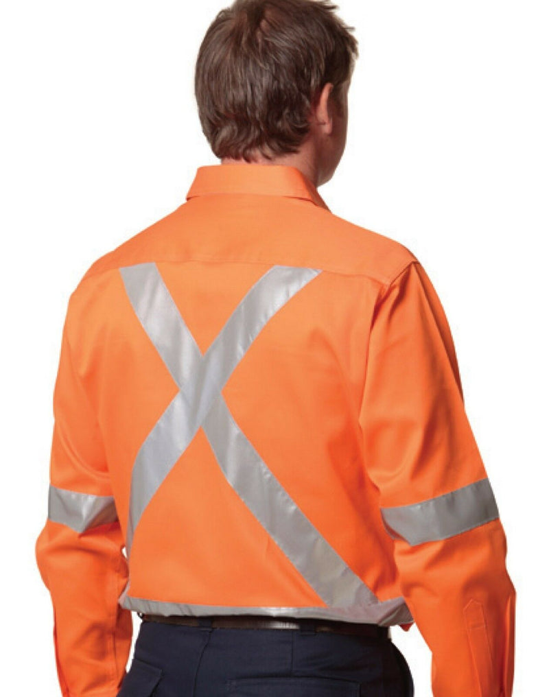 Mens Cotton Drill Safety Shirt Hi Vis Fluro Orange Work Wear Heavy Duty New