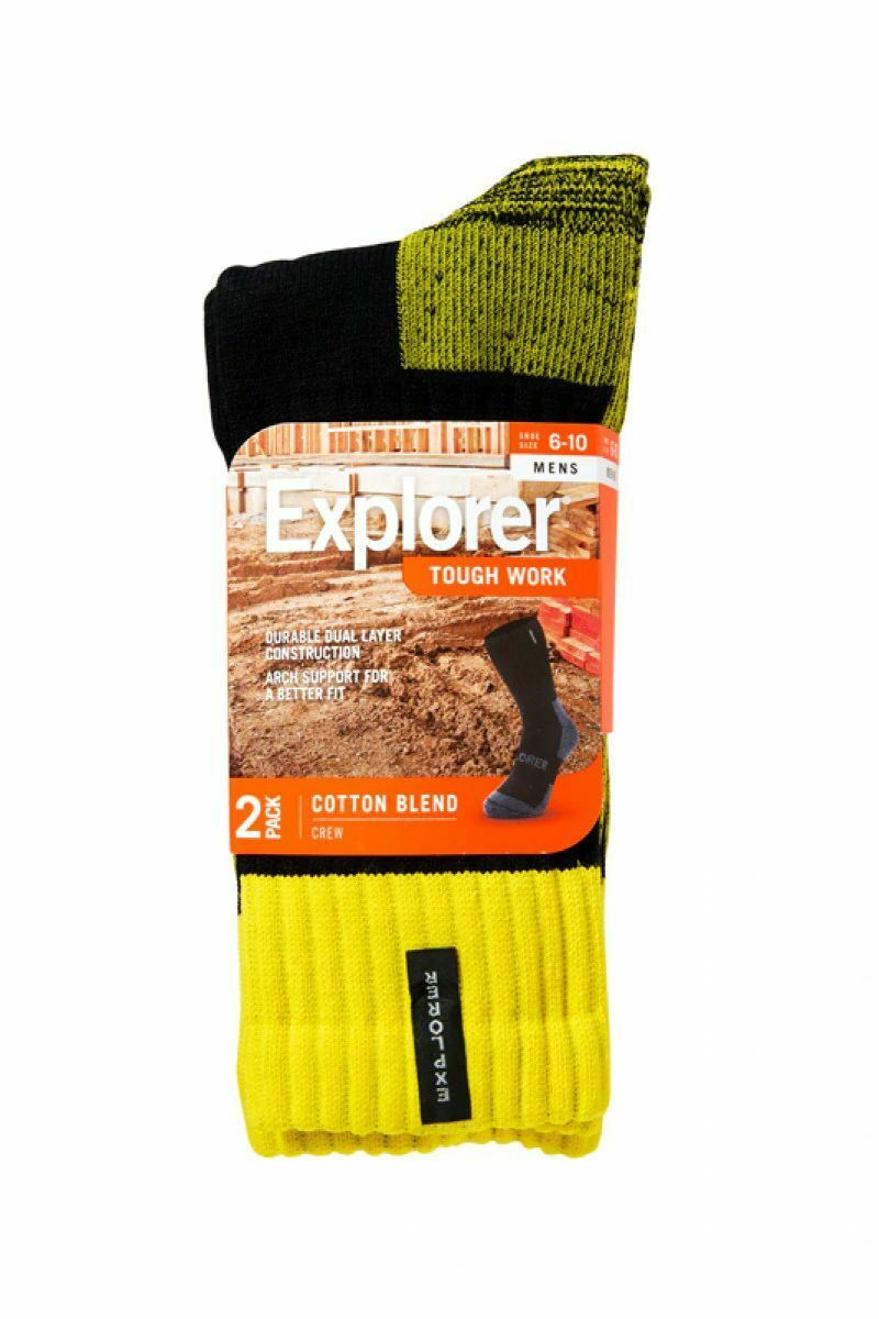 2 Pack Mens Explorer Tough Work Cotton Crew Socks Black/Yellow