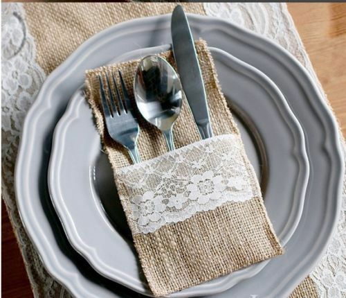 50 X Hessian Burlap Cutlery Holder Lace Rustic Wedding Party Table