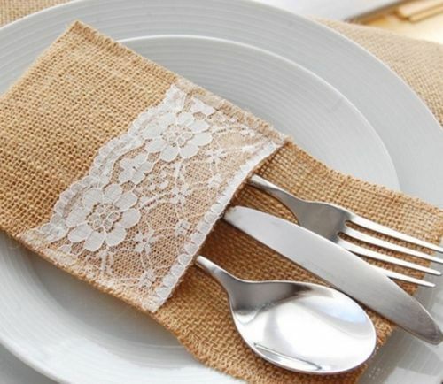 20 X Hessian Burlap Cutlery Holder Lace Rustic Wedding Party Table