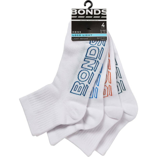 4 Pack Mens Bonds Logo Light Quarter Crew Socks White with Multi Logo