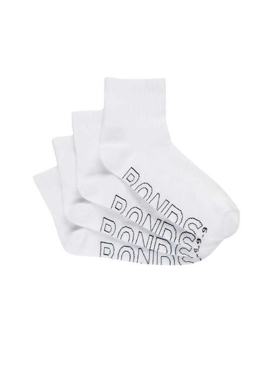 4 Pack Mens Bonds Logo Light Quarter Crew Socks White with Black Logo