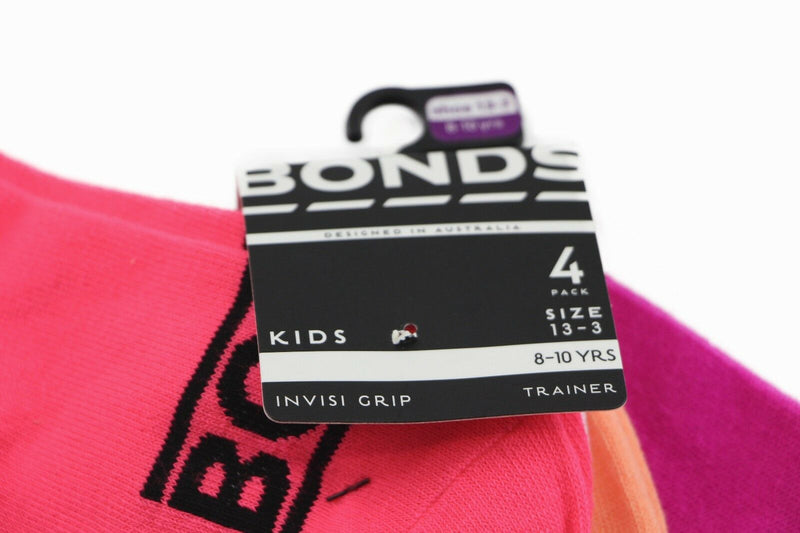 Bonds Kids Socks 4 Pairs Boys Girls Low Cut Blue Green Pink Invisi Grip