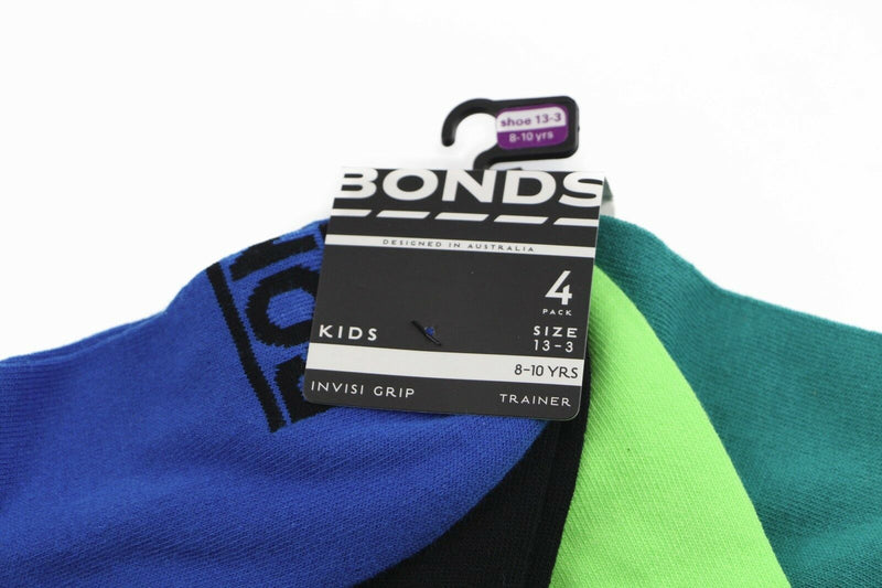 Bonds Kids Socks 4 Pairs Boys Girls Low Cut Blue Green Pink Invisi Grip
