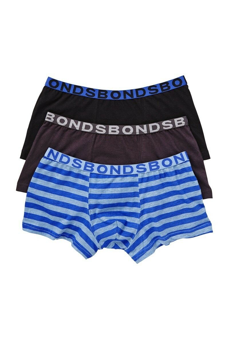 3 Pack Kids Boys Bonds Boxer Trunks Underwear Blue Stripes/Charcoal/Black