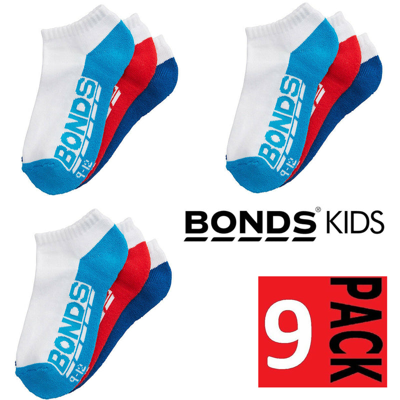 9 x Bonds Kids Socks Boys Girls Low Cut Sports White Red Blue Navy 9 Pairs