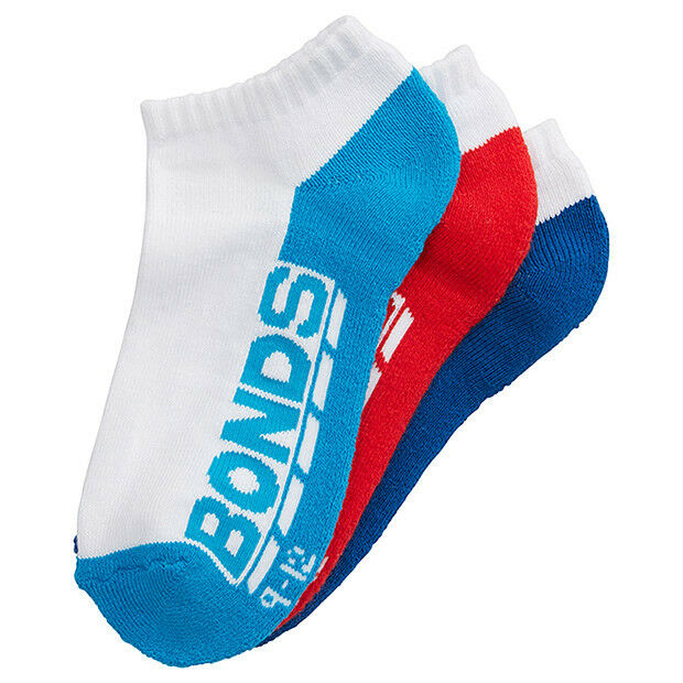 3 x Bonds Kids Socks Boys Girls Low Cut Sports White Red Blue Navy