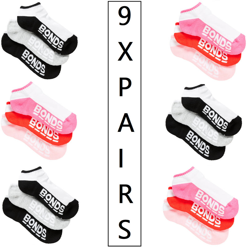 9 x Pairs Kids Logo Low Cut Socks Black White Red Pink Grey Ankle School Sport
