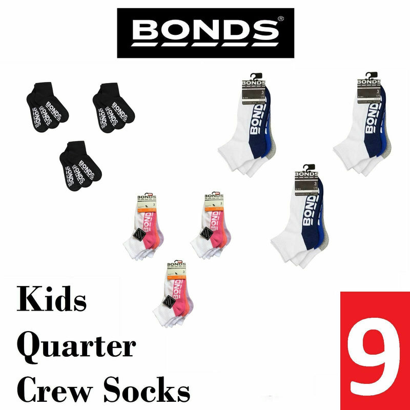 9 Bonds Kids Quarter Crew Socks Boys Girls Sport School Black White Pink Blue