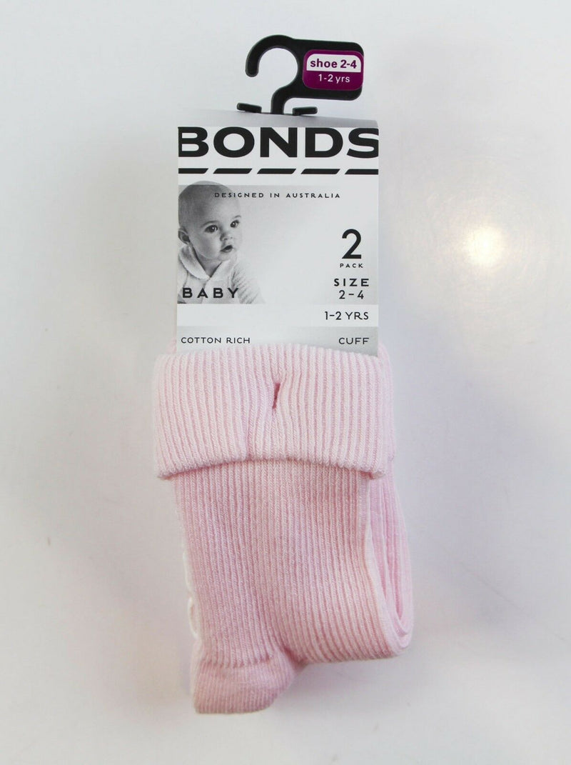 Bonds Baby Girls Socks 2 Pairs Cotton Rich Cuff Grip Sole White Toddler Non Slip
