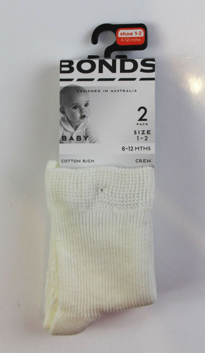 Bonds Baby Crew Socks 2 Pairs Newborn Girls Boys 0-4 Years Toddler Cream