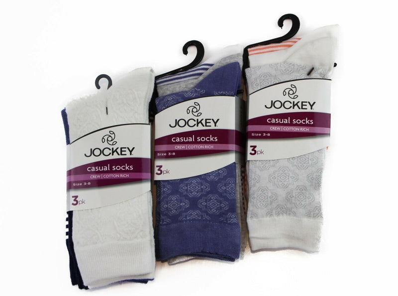 Womens Jockey 3 Pairs Crew Cotton Rich Sports Work White Purple Socks Size