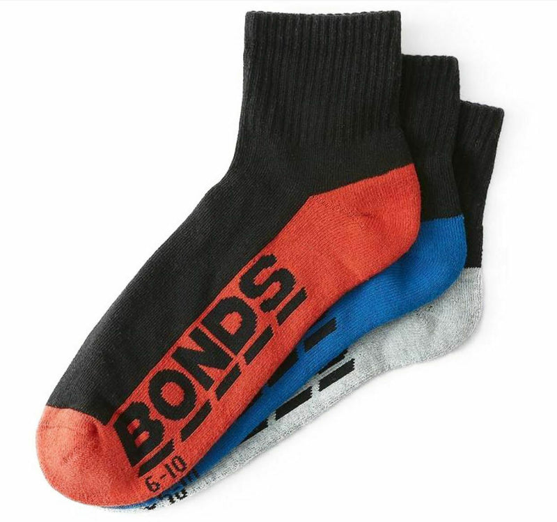 3 x Bonds Quarter Crew Socks - Mens Cushioned - Black