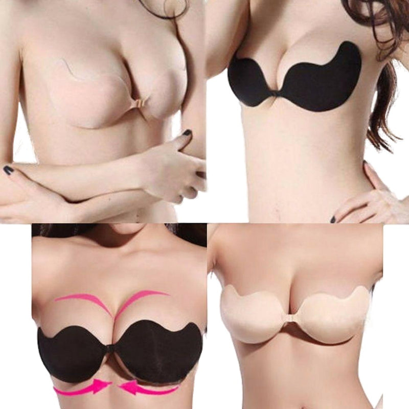 Womens Self Adhesive Nude Black Push Up Strapless Bra Winged Chicken Fillets