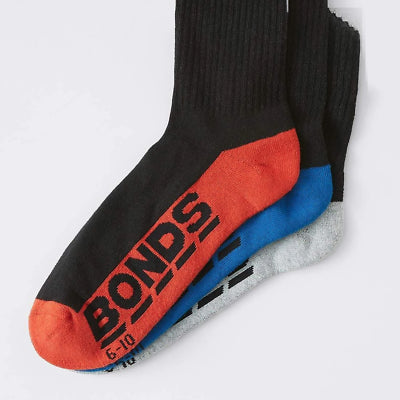 3 Pairs Mens Bonds Logo Crew Sports Gym Running Cushioned Socks
