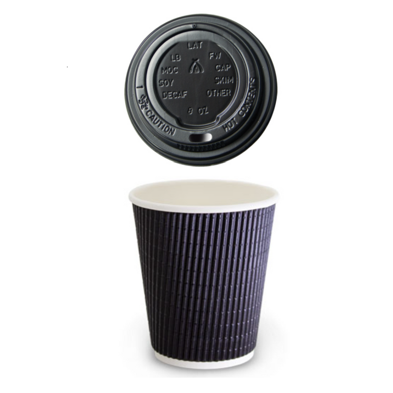 50 X 8Oz Charcoal Triple Wall Corrugated Hot Coffee Cups With Black Lids