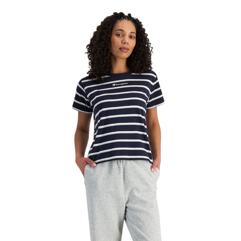 Womens Champion Script Navy Multicoloured Stripe Tee