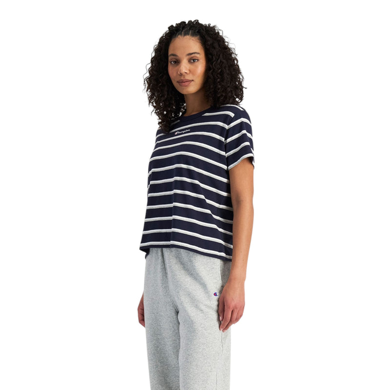 Womens Champion Script Navy Multicoloured Stripe Tee