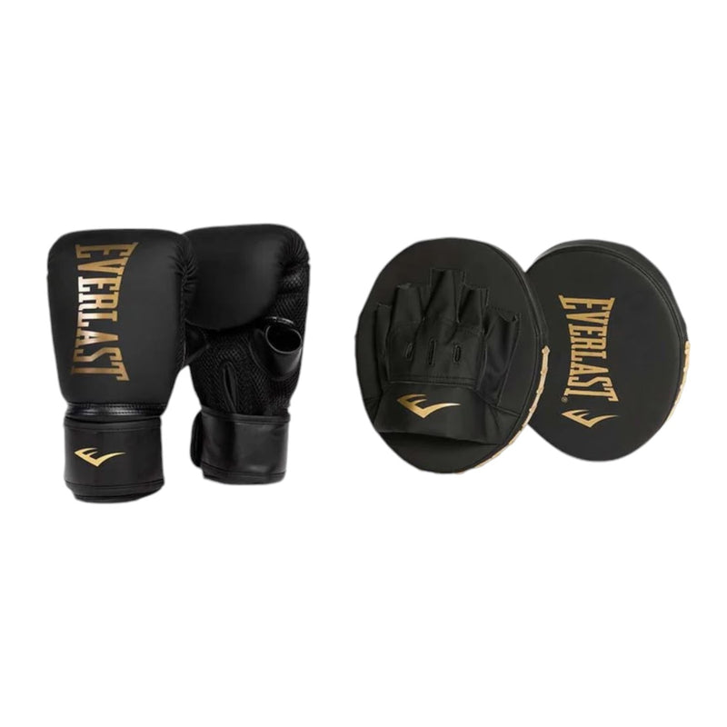 Everlast Elite Cardio Boxing Gloves & Focus-Mitt Combo Black/Gold Fitness Pack