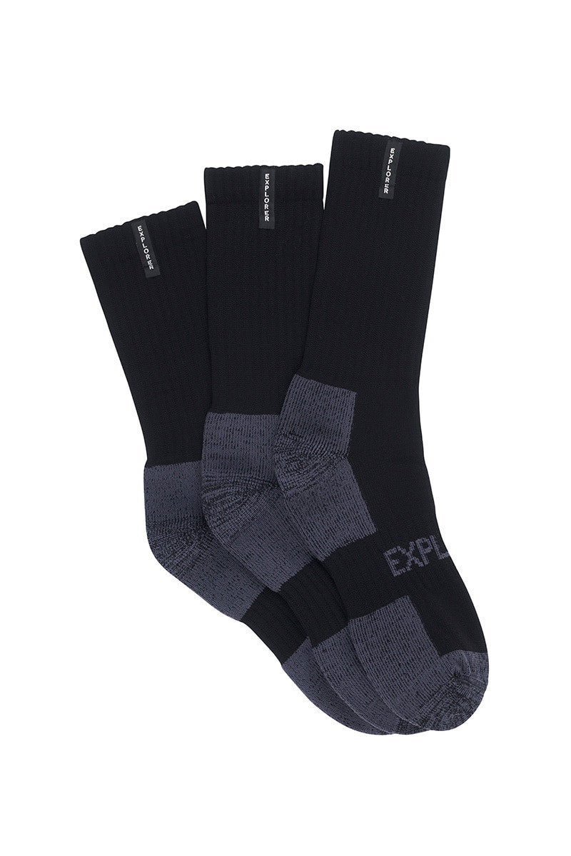 3 x Bonds Explorer Tough Work Crew Cotton Blend Socks Black/Grey