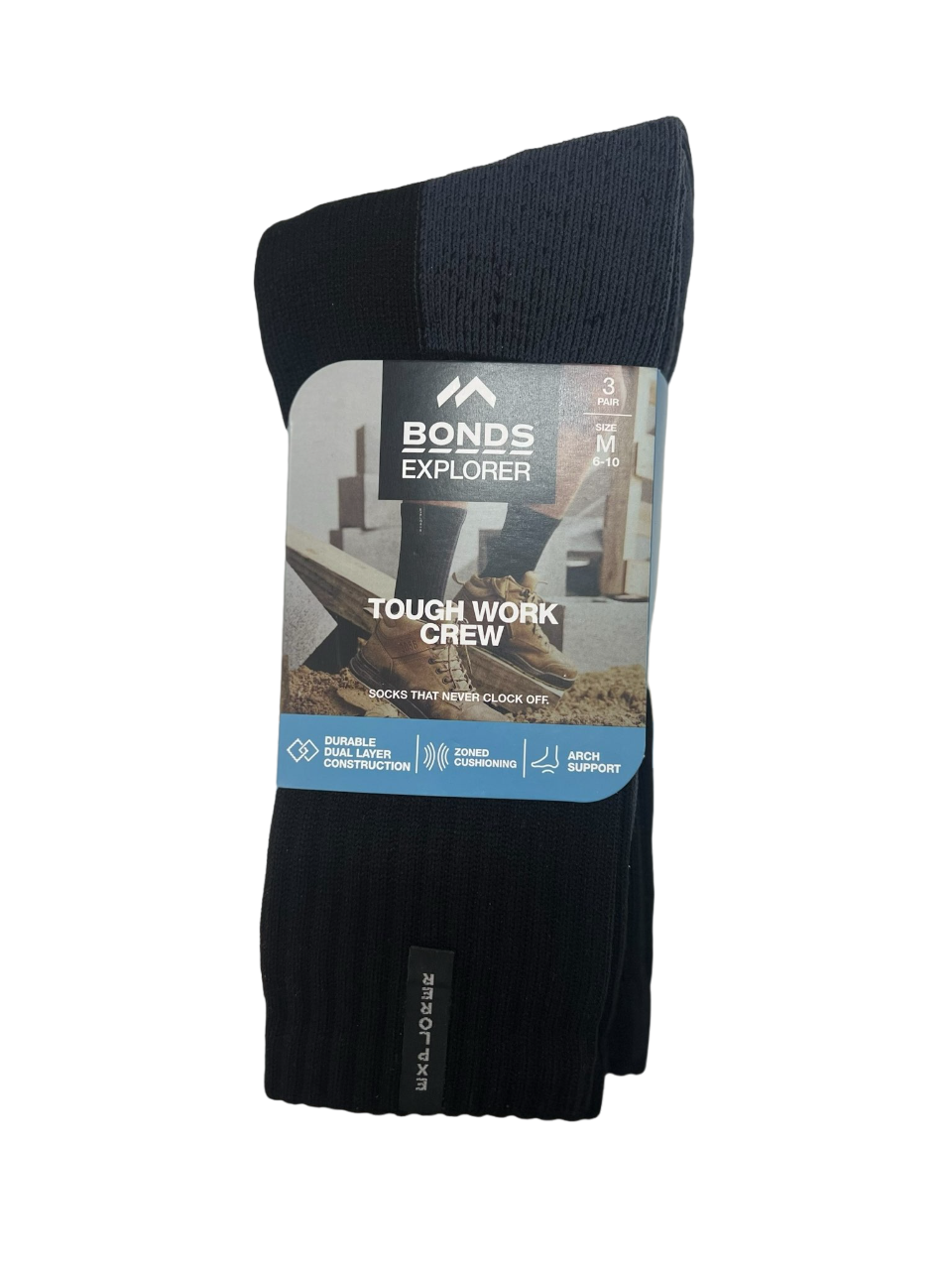 3 Pack Mens Bonds Tough Work Cotton Crew Socks Black/Grey