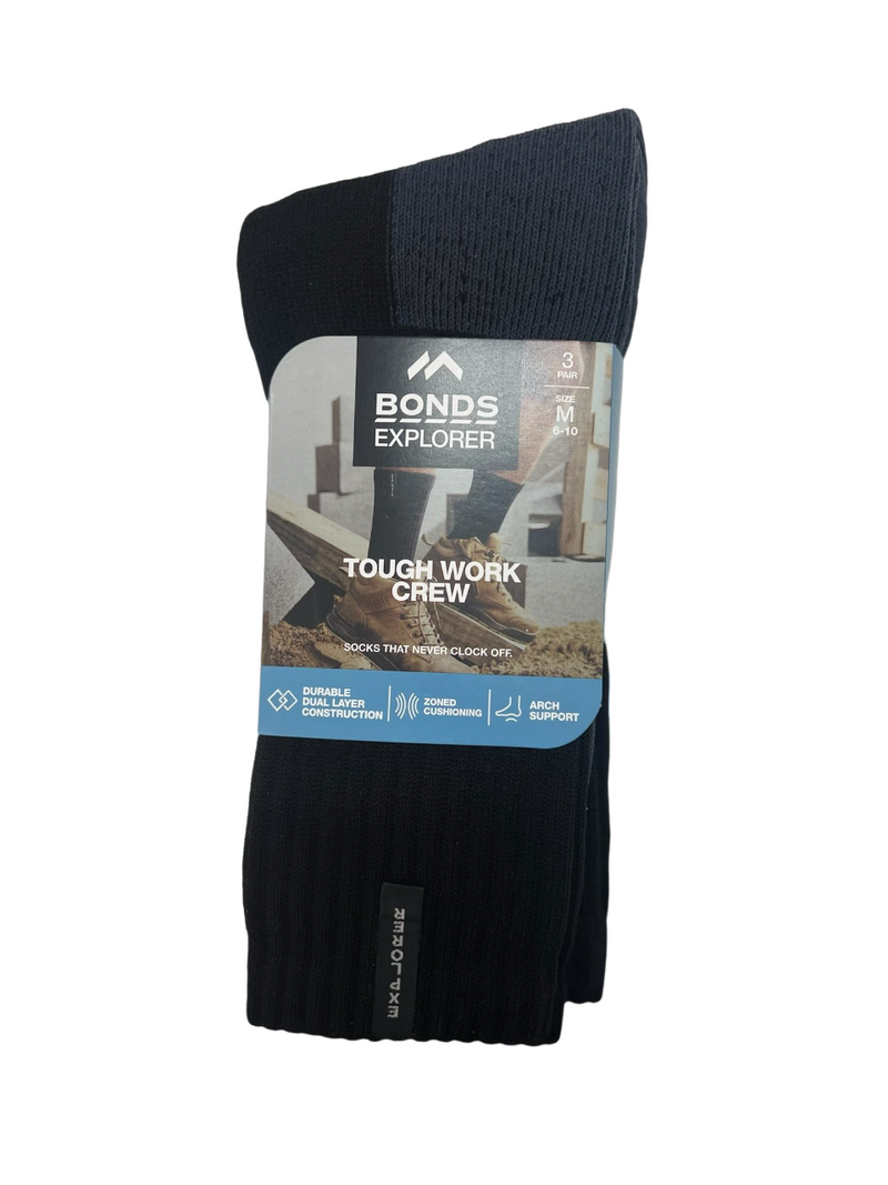 3 x Bonds Explorer Tough Work Crew Cotton Blend Socks Black/Grey
