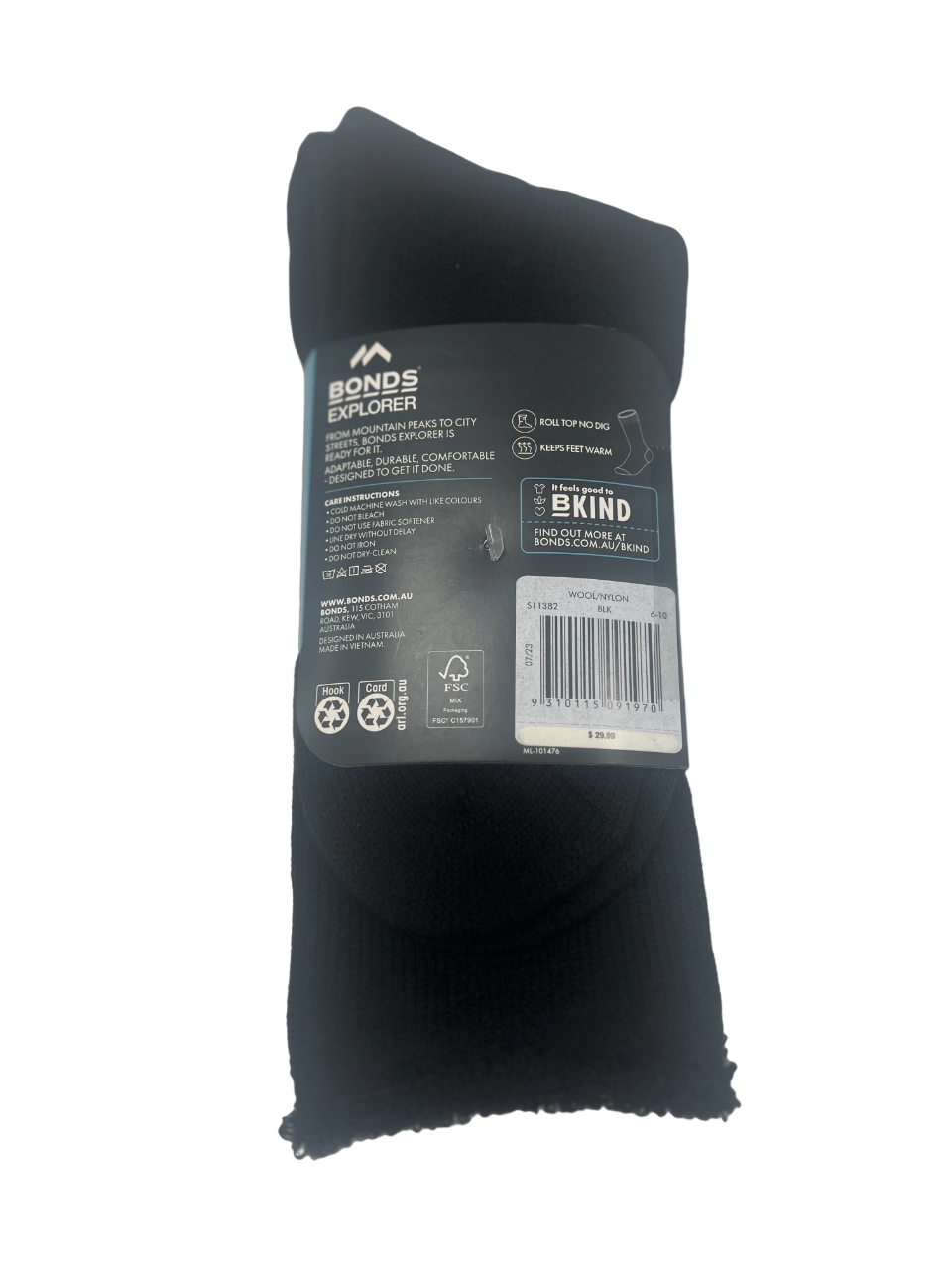 6 Pack Mens Bonds Explorer Original Crew Wool Socks Black