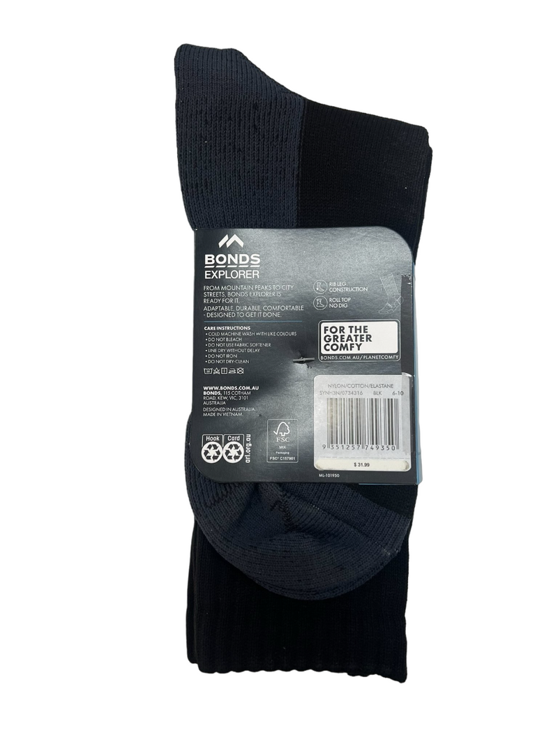 9 x Bonds Explorer Original Crew Wool Blend Socks Black