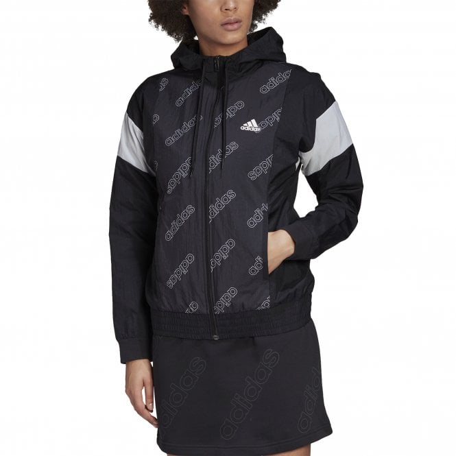 Adidas Womens Black Graphic Windbreaker Jacket Zip Up