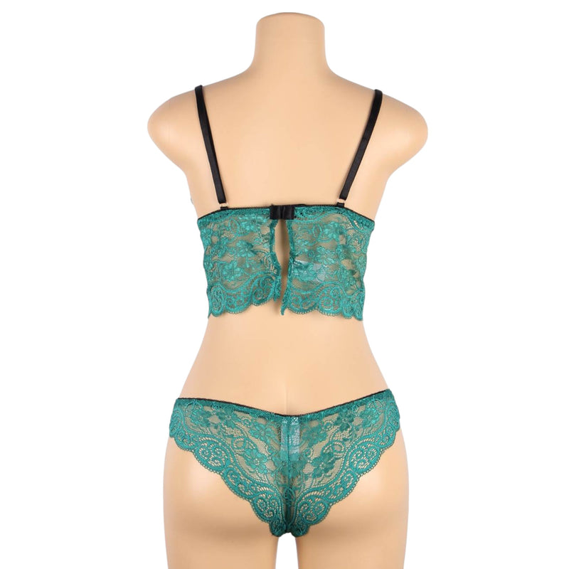 Women 3 Piece Floral Lace Bottom And Top Green Lingerie Set