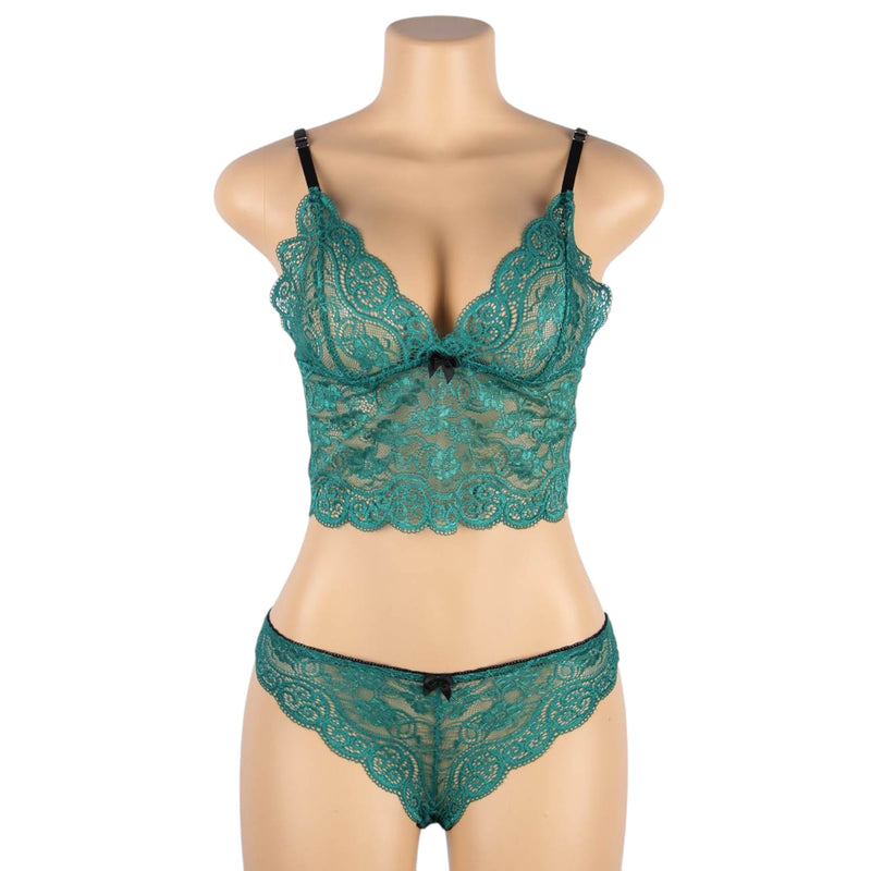 Women 3 Piece Floral Lace Bottom And Top Green Lingerie Set