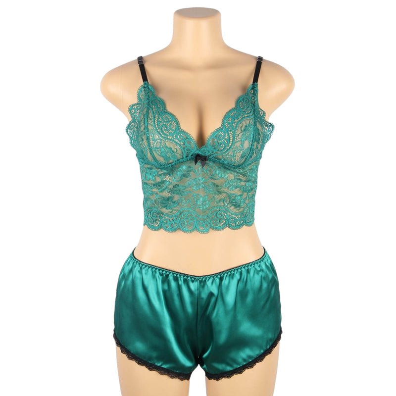 Women 3 Piece Floral Lace Bottom And Top Green Lingerie Set